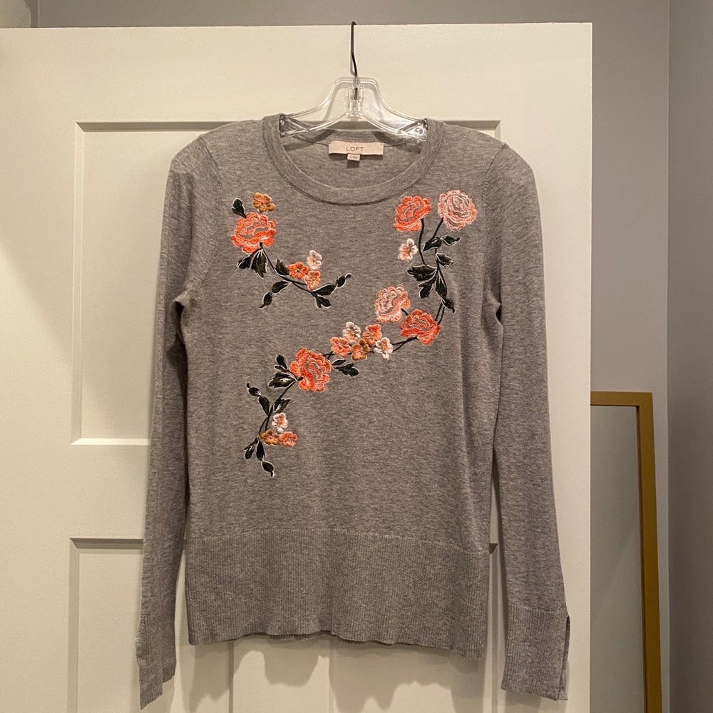 LOFT Grey Embroidered Lightweight Sweater